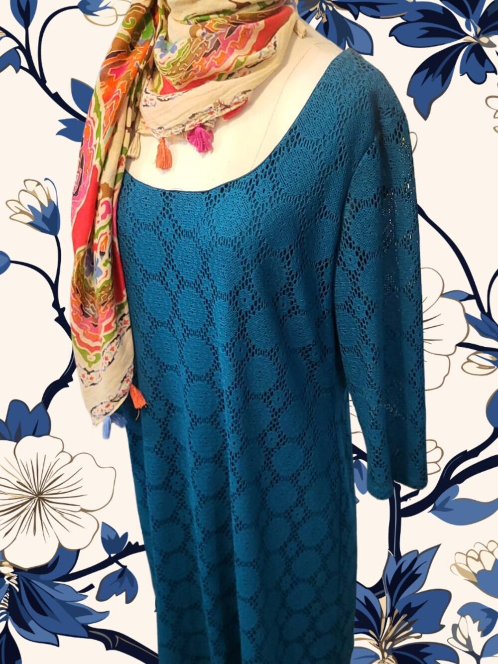 VINTAGE 70s Style | Cleo Petite | Teal Blue | Crochet Knit | Midi Dress  Size 18